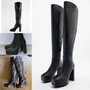 ZARA Knee high Platform Leather Heeled Boots Black